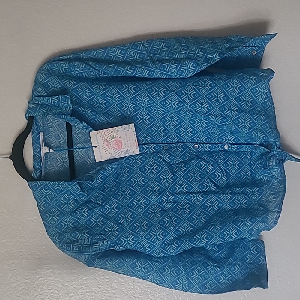 Boutique Large Linen Button-Up Aztec Print Blue Blouse